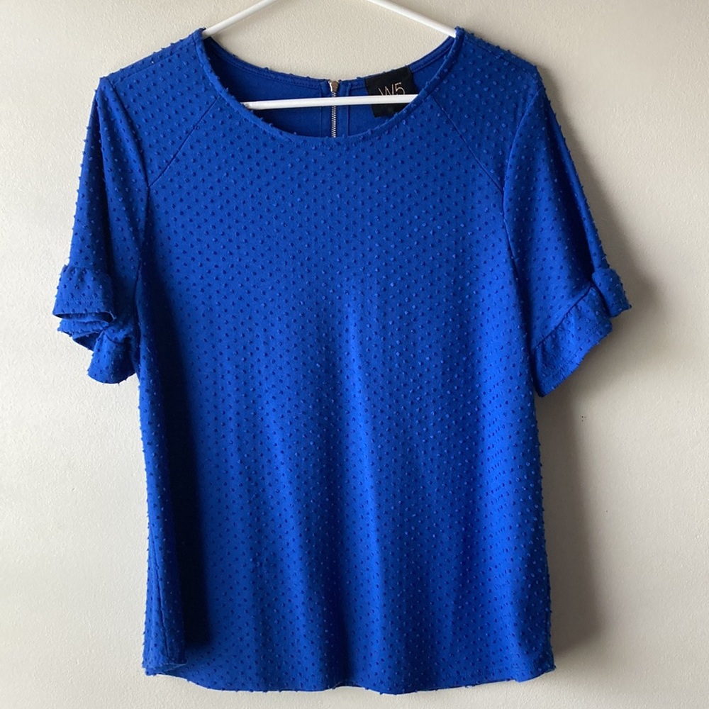 ANTHROPOLOGIE W5 Swiss Dot Ruffle Sleeve Top Royal L